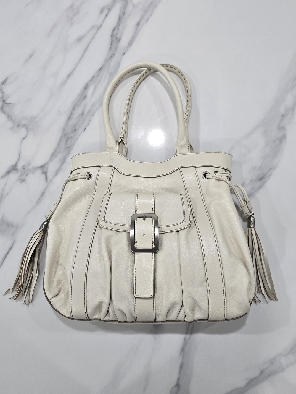Cole Haan Cream Leather Shoulder Bag with Buckle and Tassels